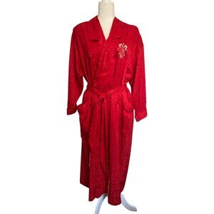 Vintage Natori II Long Red Satin Robe with Floral Embroidery